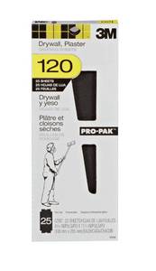 lot 41881 image: 3M Pro-Pak Drywall Sanding Paper, 25 Sheets, 120 Grit, 4.2 in x 11.25 in, Pre-Cut Sheet Fit Most Drywall Sanding Tools, Heavy-Duty Paper Backing Resist Tearing, Resist Clogging For Longer Life (99430) - Retail $11
