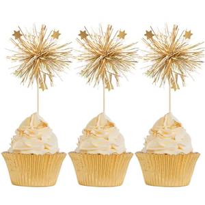 lot 41886 image: Gyufise 30Pcs Foil Firework Cupcake Toppers Happy Birthday Cake Toppers Sparkle Tinsel Flower Drink Stirrers Cocktail Food Fruit Toothpicks for Valentines Day Party Supplies Gold - Retail $7