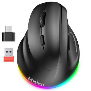lot 41889 image: MEETION Left-Handed Ergonomic Mouse, Wireless Vertical RGB Rechargeable Mouse, Bluetooth(5.2  3.0) & USB-A with USB-C Adapter 4 Adjustable DPI Mice for MacWindowsPCTabletiPad Black - Retail $25