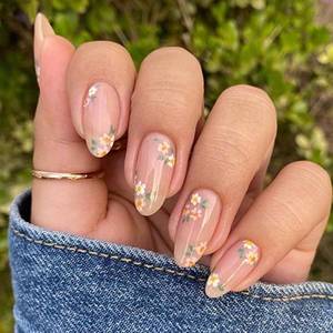 lot 41914 image: OHWODA Pink Spring Press on Nails Almond Shape Fake Nails with Small Flower Designs Daisy Floral Artificial Nails Medium Length Spring Summer Glue on Nails Flowers Stick on Nails for Women, 24Pcs - Retail $7