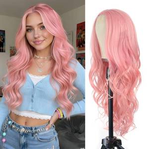 lot 41929 image: BrittyHair Pink Wigs for Women 26 Inch Long Pink Wavy Wig Natural Looking Middle Part Curly Wig Heat-resistant synthetic fiber wigs for Daily Wear Cosplay and Halloween - Retail $27