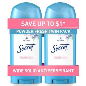 lot 41930 image: Secret Antiperspirant and Deodorant for Women, 24hr Sweat & Odor Protection, PH Balanced Protection, Gentle on Skin, Wide Solid, Powder Fresh Scent, 2.7 oz (Pack of 2) - Retail $8