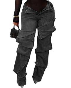 lot 41938 image: Voghtic Stacked Jeans for Women y2k Detachable Cargo Jeans Butt Lifting Wide Leg Denim Pants Streetwear Grey Black L- Retail $56
