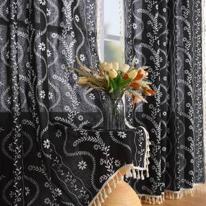 lot 43930 image: Black Boho Curtains 96 Inch Length Linen Curtains for Living Room 2 Panels, Vintage Farmhouse Printed Floral Rustic Drapes - Retail $46