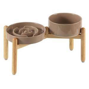 lot 43936 image: Havniva Ceramic Raised Slow Feeder Dog Bowl Set, Elevated 7.3inch Bowl and 8.2inch Puzzle Slow Dish with Wooden Stand for Medium and Large Dog, Anti-Gulping (2X Brown Coffee Stand) - Retail $73