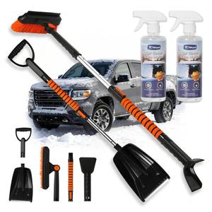 lot 43939 image: 6 in 1 Snow Shovel & Snow Brush with Windshield De-Icer & Ice Scraper for Cars, Trucks, SUVs,40 Extendable & Bendable Thicken Aluminum Tube for Easy Roof Cleaning,180° Pivoting Head & EVA Grip - Retail $31