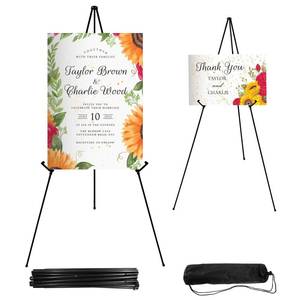 lot 43945 image: JEAWIWI 2PCS Black Easel Stand for Wedding Sign Stand, 66 Inch Portable Adjustable Poster Stands for Display, Floor Tripod Collapsible Display Easel, Balck Metal Easel Stand with Portable Bags - Retail $25