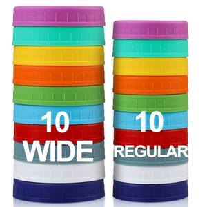 lot 43946 image: AOZITA 10 WIDE Mouth & 10 REGULAR Mouth Mason Jar Lids - 20 Pack Food Grade Plastic Mason Jar Caps for Ball, Kerr and More Canning Jars - Leakproof & Dishwasher Safe - Multicolor - Retail $10