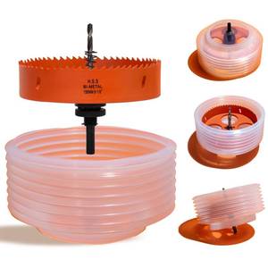 lot 43960 image: VIKITON 6-18 Hole Saw for Recessed Lights, 6.1 Inch Hole Cutter with Dust Bowl Catcher for Led Recessed Lighting 6 Inch and Wood Metal Drywall, Bi-Metal Construction - Retail $24