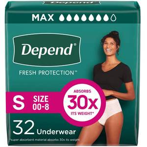 lot 43969 image: Depend Fresh Protection Adult Diapers, Incontinence & Postpartum Bladder Leak Underwear for Women, Disposable, Maximum, Small, Blush, 32 Count, Packaging May Vary - Retail $21