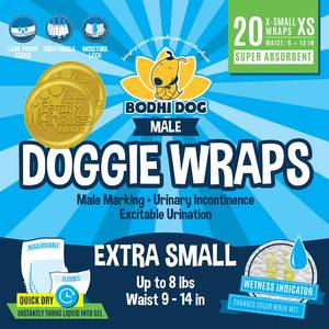 lot 43970 image: Bodhi Dog Disposable Male Dog Diapers - Super Absorbent, Leak-Proof Pee Wraps - Adjustable Fit, Comfortable Design, Advanced Moisture Control, and Wetness Indicator - Extra Small (20 Count) - Retail $15