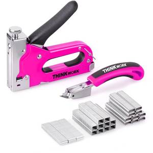 lot 43972 image: THINKWORK Heavy Duty Staple Gun, 3 in 1 Pink Staple Gun for Upholstery with 900 Staples, Nail Gun for Wood, Cable, Fabric, Wall, Material Repair, DIY Manual Stapler - Retail $17