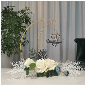 lot 43982 image: Faunayo Ramadan Kareem Decorations, Artificial Moon Shape Wreaths Table Decor with Castle Sign, Ramadan Mubarak Metal Rings Floral Ornaments, for Home Desk Fireplace Party Supplies - Retail $30