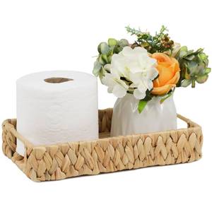 lot 43988 image: Bathroom Tray, 11 Inch Water Hyacinth Vanity Tray with Handle, Small Wicker Basket for Bathroom Toilet Tank Countertop, Wicker Bathroom Trays for Counter Decor - Retail $15
