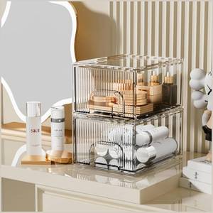 lot 43994 image: ZHIAI 2 Pack Clear Stackable Cosmetic Organizer, Acrylic Drawer, Plastic Organizer for Dresser, Vanity, Kitchen Cabinet, Pantry, Home Organization and Storage chip on corner. - Retail $15