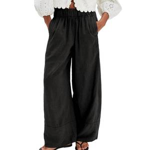 lot 43997 image: SeeLuNa Linen Pants for Women Cotton Baggy Boho Casual Palazzo Pants Wide Leg Long Lounge Trousers with Pockets(Black,S) - Retail $33