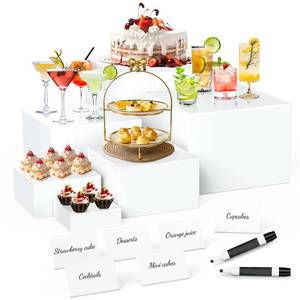 lot 48837 image: 6 Pcs Buffet Risers with Mini Sign and Maker, Food Risers Display Stands for Buffet Table Party Catering Dessert Jewelry Collectibles, Nesting Cube Boxes with Hollow Bottoms (8,7,6,5,4,3) - Retail $29