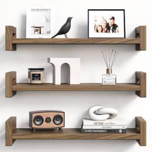 lot 48839 image: Upgraded Floating Shelves for Wall, Set of 3 Solid Wood Wall Mounted Shelves, 16 Rustic Walnut Display Shelf for Bedroom, Living Room, Bathroom, and Kitchen Decor - Heavy-Duty & Natural Pine - Retail $32