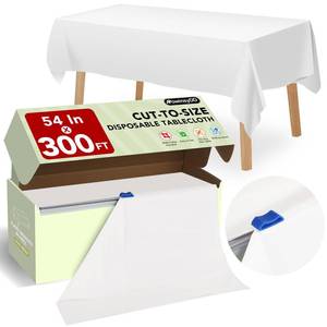 lot 48841 image: 54 IN X 300 FT White Plastic Table Cover Roll with Slide Cutter, Cuts Up to 36 Rectangle 8 Feet Disposable Plastic Table Cloths, Disposable Table Cover Roll for Dinning, Parties, BBQ, Wedding, Outdoor - Retail $29