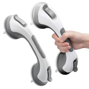 lot 48842 image: LEVERLOC Grab Bars for Bathtubs and Showers 2 Pack Suction Grab Bar, Heavy Duty 12 Inch Shower Handle Removable Bath Handrails for Seniors and Elderly, Bathroom Safety Grip No Drilling Waterproof Grey - Retail $35
