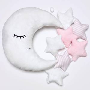 lot 48843 image: Perfectto Design Kids Moon Decorative Pillow, Stars Garland for Girls Toddler Room - Fluffy Moon, Stars Wall Decor, Soft Cute Throw Pillow for Bed, Bedroom Boho Teepee Ornament Decoration - Retail $36