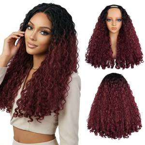 lot 48846 image: LEEONS 22 Inch Deep Wave U Part Wig for Black Women - Long Synthetic Curly Hair with Unique Bouncy Ends, Glueless U Shape Half Wigs Heat Resistant Fiber, Ombre Burgundy Red (TBug) - Retail $30