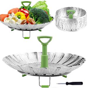lot 48858 image: Consevisen Vegetable Steamer Basket for Cooking Food, Stainless Steel Veggie Steam Basket for Pot, Folding Expandable Steaming Insert with Extendable Handle Fits Various Size Pot, 5.1 to 9 - Retail $8