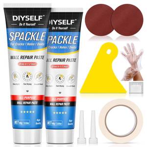 lot 48884 image: DIYSELF 9 Pack Drywall Repair Kit, Surface Repair Kit, Spackle Wall Repair, 2-100g (7oz Total) Putty, White Drywall Mud, Plaster for Holes, Cracks, Gaps, Fast-Drying Hole Filler with Scraper, Sander - Retail $10