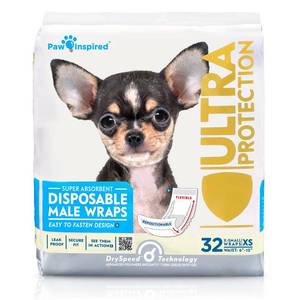 lot 48889 image: Paw Inspired Male Dog Wraps, Disposable Dog Diapers  Belly Bands for Small, Medium, Large Dogs (32 Count, Size X-Small) - Retail $19