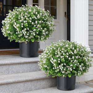 lot 61714 image: Artificial Eucalyptus with Babys Breath Topiary Ball Trees - 2 Set Plastic Faux Eucalyptus Plants in Pot, Sun Resistant Fake Greenery Potted Bushes for Front Door Farmhouse Garden Porch Decor - Retail $57