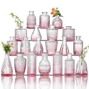 lot 61718 image: Glass Bud Vase Set of 20 - Small Vases for Flowers in Bulk - Assorted Vintage Crystal Vases for Flowers, Table Centerpieces (Pink, 20 Pcs) - Retail $35