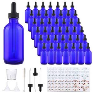 lot 61719 image: Comrzor 35 Pack 4oz Cobalt Blue Glass Bottles with Glass Eye Droppers for Essential Oils, Perfumes & Lab Chemicals (Brush, Funnels, 3 Extra Droppers, 35 Pieces Labels & 30ml Measuring Cup Included) - Retail $37
