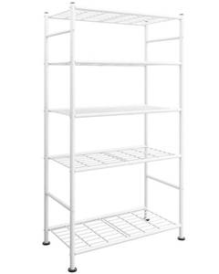 lot 61721 image: Sakugi Storage Shelves - 5 Tier Shelf Organizer, Heavy Duty Garage Shelving Unit with Leveling Feet, Stable Metal Shelves Organizer for Pantry, Kitchen and Closet, 33.0 W x 12.6 D x 72.0 H, White - Retail $80