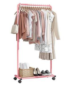 lot 61723 image: Sakugi Clothes Rack - Clothing Rack with Storage Mesh Shelf & Casters, Heavy-Duty Metal Clothing Rack for Hanging Clothes, Dresses, Coats, Large Load Capacity, Easy Assembly, Pink, 28.0x16.9x59.0 - Retail $35