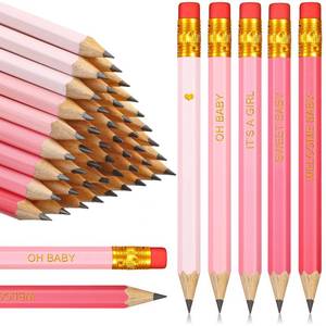 lot 29398 image: Crtiin 50 Pieces Baby Shower Pencils for Activities Mini Golf Half Pencils, Presharpened with Erasers, 4 Inch(Gradient Pink,Girl Style) - Retail $12