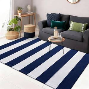 lot 29416 image: OLANLY Navy and White Striped Rug 3 x 5 Washable Cotton Indoor Outdoor Doormat for Front Door, Entryway, Kitchen, Porch, Patio Decor - Retail $35