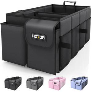 lot 29431 image: HOTOR Trunk Organizer - Car Organizer, Foldable Trunk organizer for SUVs & Sedans, Sturdy Car Organization for Car Accessories, Tools, Sundries, Black, 2 Compartments, 21.3x12.6x10.6 - Retail $13