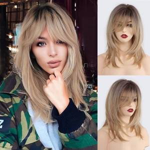 lot 29438 image: HAIRCUBE Blonde Wigs Shoulder Length Layered Wigs Long Curly Wigs for Women 18 Inch Wigs with Bangs - Retail $28