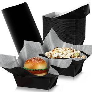 lot 32287 image: Geosar  Black Paper Food Trays Bulk Disposable Food Boat with Black Wax Paper Wrapping Disposable Serving Snack Trays Nacho Plates for Carnival Picnic Birthday Party - Retail $22