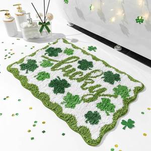 lot 32288 image: Dunzy St. Patricks Day Shamrock Bathroom Rugs Lucky Shamrocks Decorative Doormat Soft Absorbent Non Slip Microfiber Clover Bath Rugs for Bathroom Indoor Home Decoration, 16 x 24 Inch - Retail $28