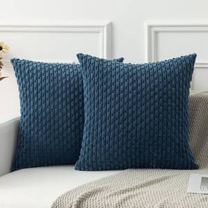 lot 32290 image: Kevin Textile Pack of 2 Blue Corduroy Decorative Throw Pillow Covers 16x16 Inch Soft Boho Striped Pillow Covers Modern Farmhouse Home Decor for Autumn Sofa Living Room Couch Bed - Retail $15