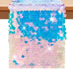 lot 32296 image: VHH Mermaid Party Table Runner, 12 x 84 inches Sequin Table Runner , Glitter Holographic Mermaid Tail Colorful Sequin Table Cover for Ocean Birthday Party (1 Pack). - Retail $14