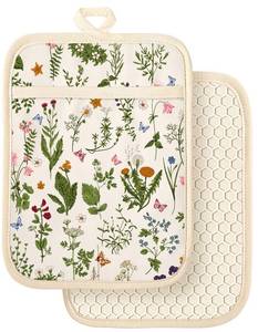 lot 32310 image: Slohif Silcone Flower Pot Holders for Kitchen - 100% Cotton Beige Cute Retro Oven Potholders with Pockets, Heat Resistant Square Thick Hot Pads, House New Home Baking Baker Gifts,2pack - Retail $14