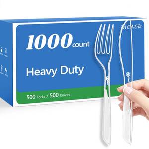 lot 44004 image: SACATR 1000 Count Plastic Silverware Heavy Duty -500 Forks, 500 Knives BPA-Free,Heat Resistant Disposable Plastic Spoons Bulk, Solid Durable Premium Cutlery for Parties, Events and Everyday Use - Retail $40