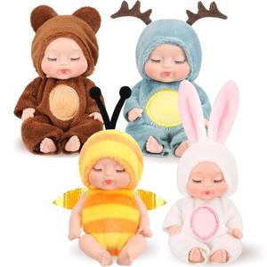 lot 44030 image: Hanaive 4 Pcs 4 Inch Mini Baby Dolls Lifelike Realistic Baby Dolls Animal Clothes Cute Tiny Gifts for Kids Birthday Party(Cute Style) - Retail $9