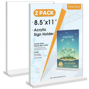 lot 44042 image: MaxGear Acrylic Sign Holder 8.5x11 Inches 2 Pack, Double Sided Clear Display Stand Table Top Paper Holder, Vertical Menu Flyer Stand, Plastic Frame for Stores, Restaurants, Hotels, Office - Retail $8