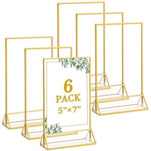 lot 44044 image: Floroom 6 Pack 5x7 Inch Clear Acrylic Sign Holders, Double-Sided Gold Display Stand Picture Frames for Table Numbers, Menus, Flyers, Weddings, and Offices - Retail $22