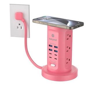 lot 44054 image: Power Strip Tower, kakyanill Surge Protector Tower 9 AC Outlets 8 USB (4 USB C), 6 Ft Retractable Extension Cord, Charging Station for Office Dorm Room, Pink - Retail $36