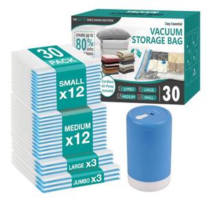 lot 44064 image: Cozy Essential Travel Vacuum Storage Bags with Rechargeable Cordless USB Pump, Space Saver Bags for Luggage, Suitcase, Carry-On, for Clothes, Blankets, Bedding & Seasonal Storage,30 Combo - Retail $31