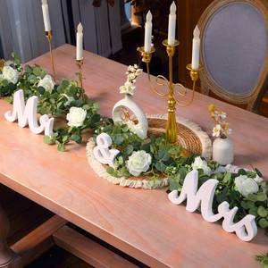 lot 44068 image: Canlierr 2pcs Large White Mr & Mrs Sign for Wedding Table with 5.91ft Artificial Flowers Garland, Wedding Centerpieces Wooden Bride and Groom Table Decorations for Engagement Decor(White Rose) - Retail $30